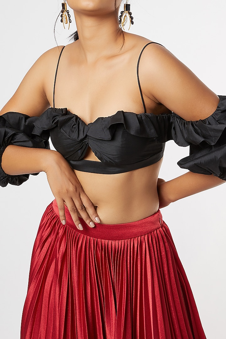 Red Satin Pleated Wedding Lehenga Set by Maiti Shahani at Pernia's Pop Up Shop