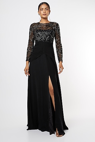 Black Hand Embroidered Pleated Gown  by Maiti Shahani