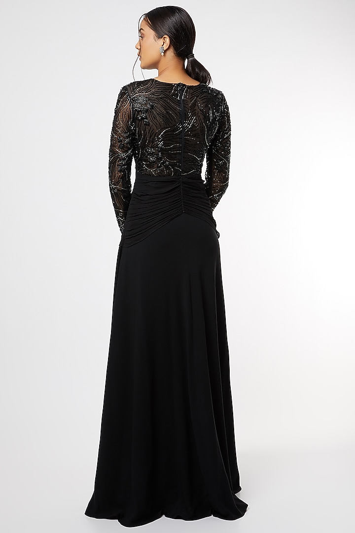 Black Hand Embroidered Pleated Gown  by Maiti Shahani at Pernia's Pop Up Shop