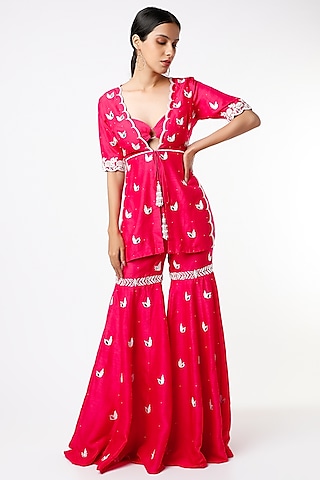 Fuchsia Embroidered Sharara Set by Maiti Shahani