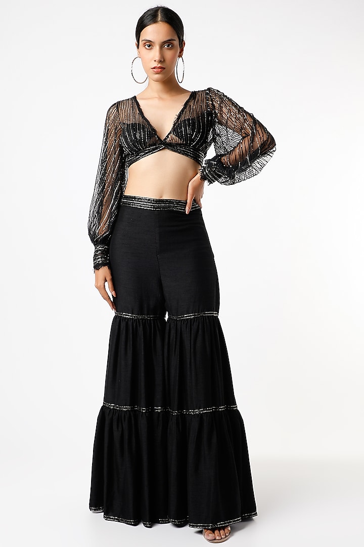 Black Embroidered Sharara Set by Maiti Shahani