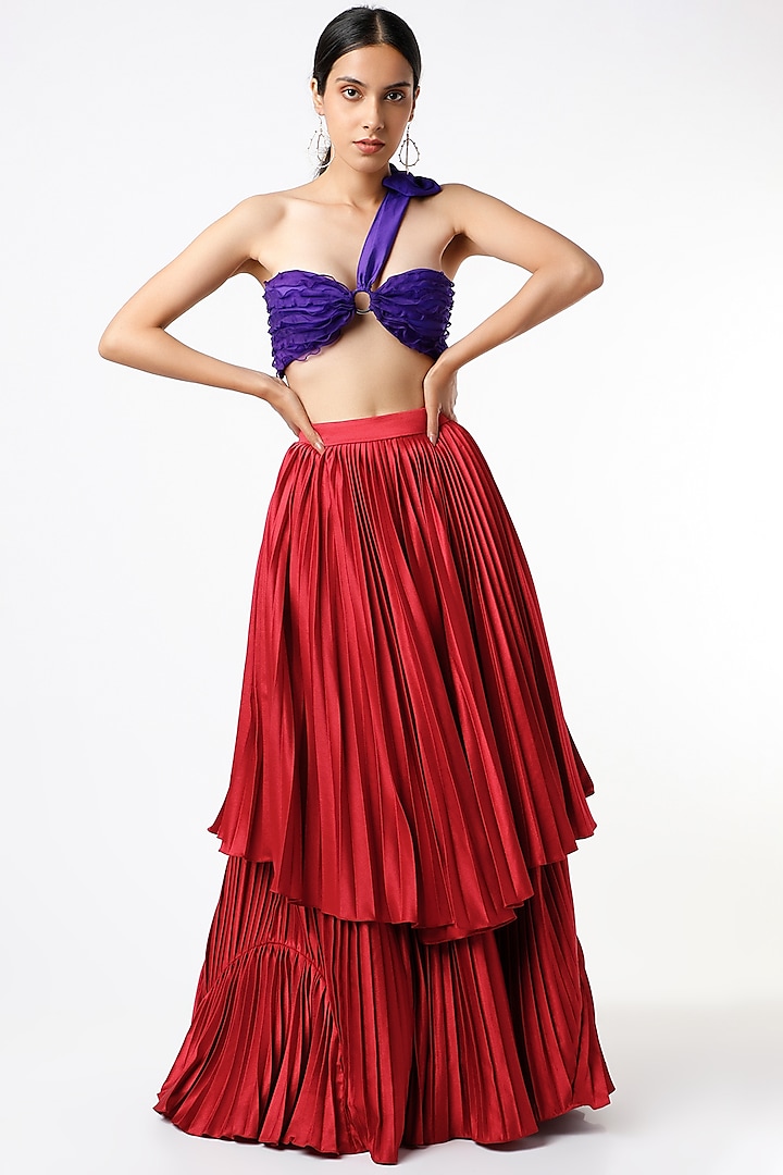 Red Pleated Skirt Set by Maiti Shahani