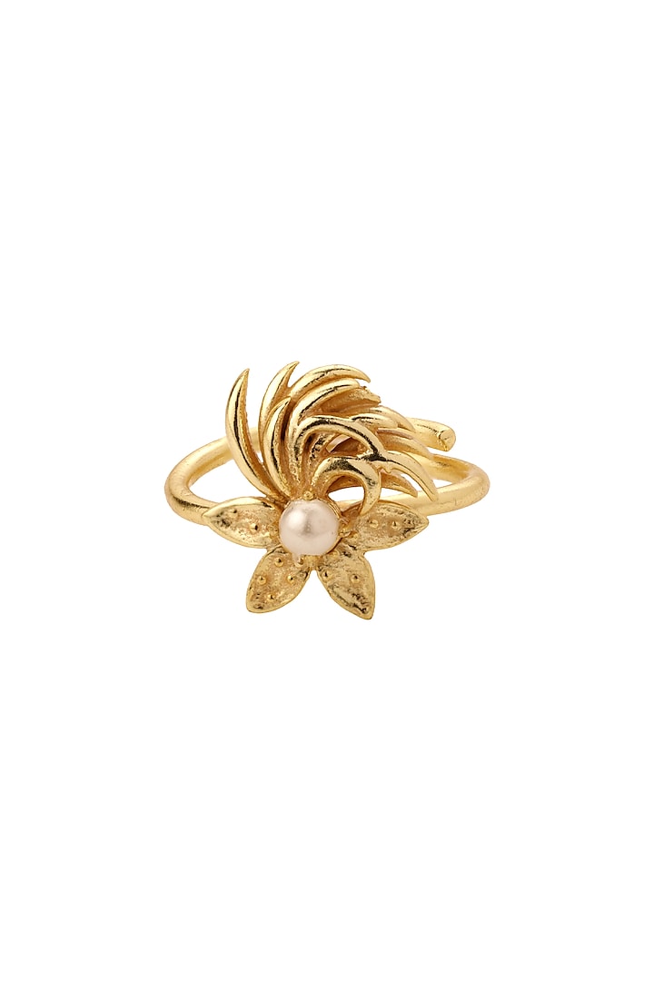 Gold Finish Pearls Rings by Madiha Jaipur