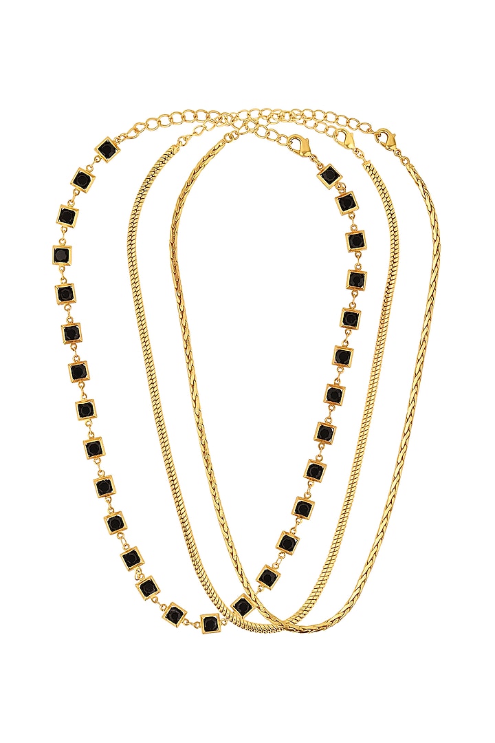 Gold Finish Enameled Necklaces (Set of 3) by Madiha Jaipur