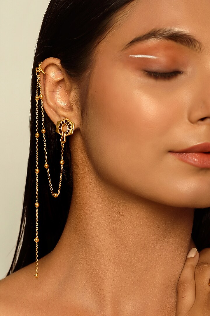 Gold Finish Asymmetrical Earrings by Madiha Jaipur at Pernia's Pop Up Shop
