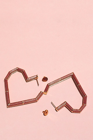 Gold Finish Enameled Heart Earrings by Madiha Jaipur