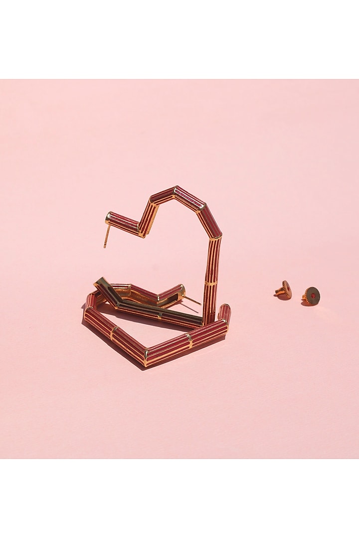 Gold Finish Enameled Heart Earrings by Madiha Jaipur at Pernia's Pop Up Shop