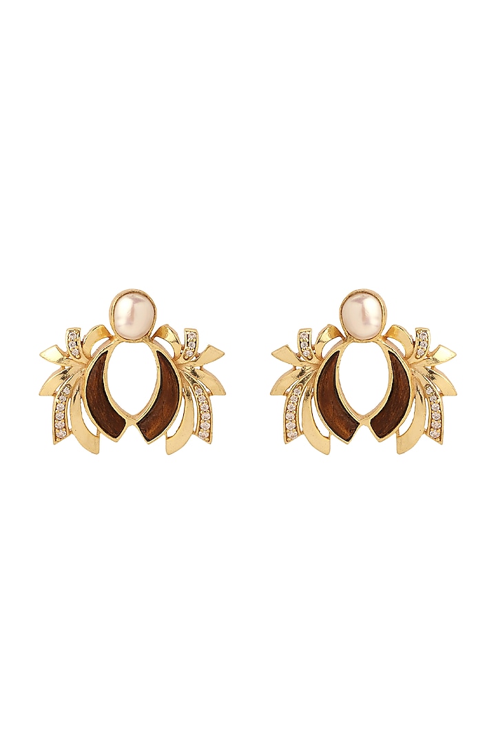 Gold Plated Pearl Stud Earrings by Madiha Jaipur