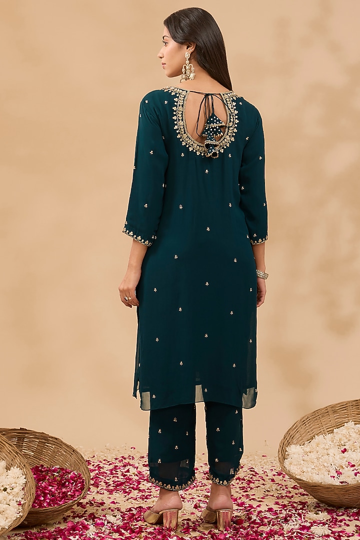 Teal Green Georgette Hand Embroidered Kurta Set by MAKAAN.51 at Pernia's Pop Up Shop