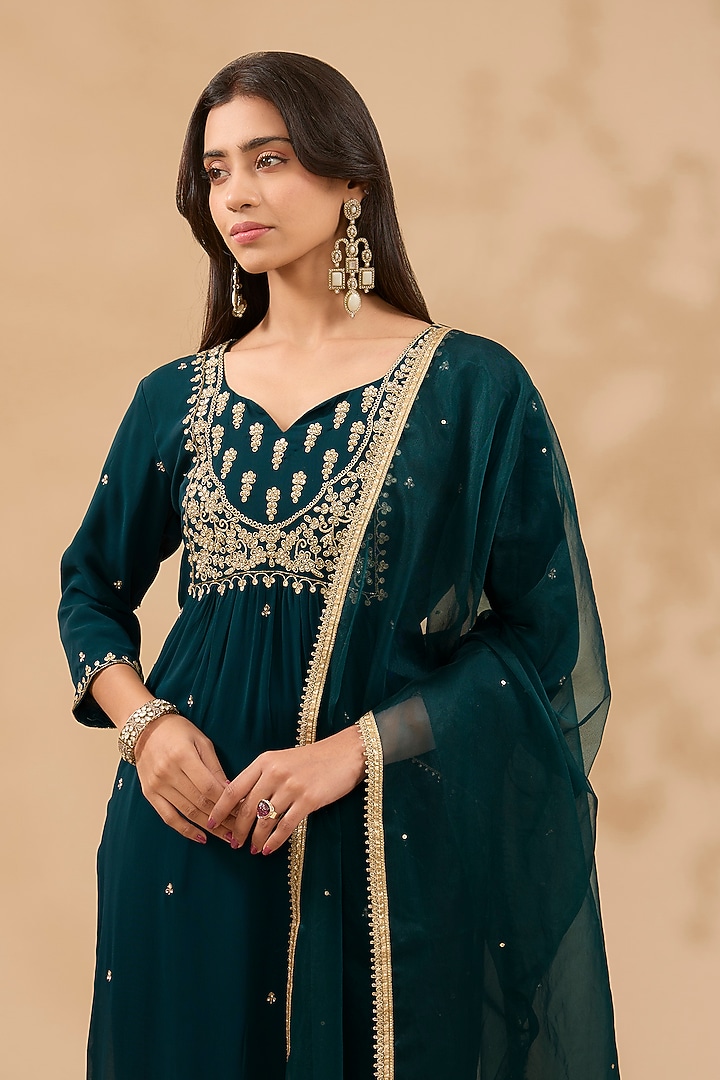 Teal Green Georgette Hand Embroidered Kurta Set by MAKAAN.51 at Pernia's Pop Up Shop