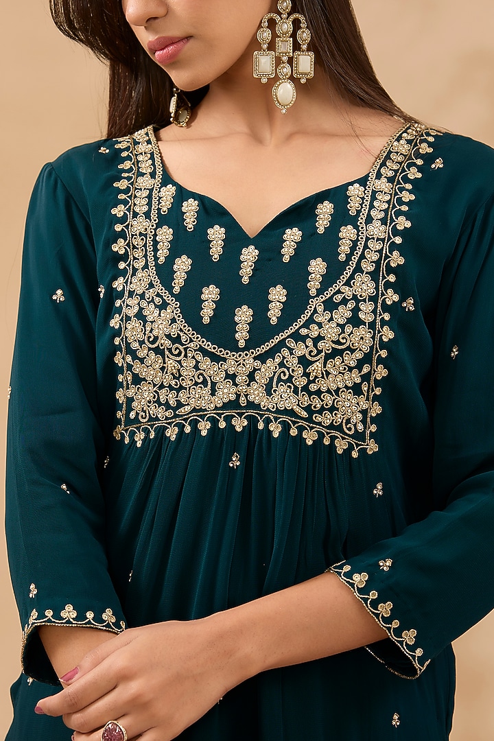 Teal Green Georgette Hand Embroidered Kurta Set by MAKAAN.51 at Pernia's Pop Up Shop