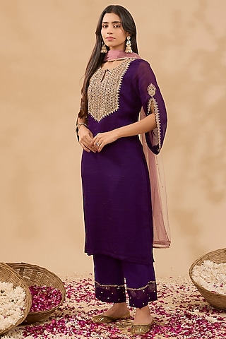 Plum Wine Chanderi Hand Embroidered Kurta Set by MAKAAN.51
