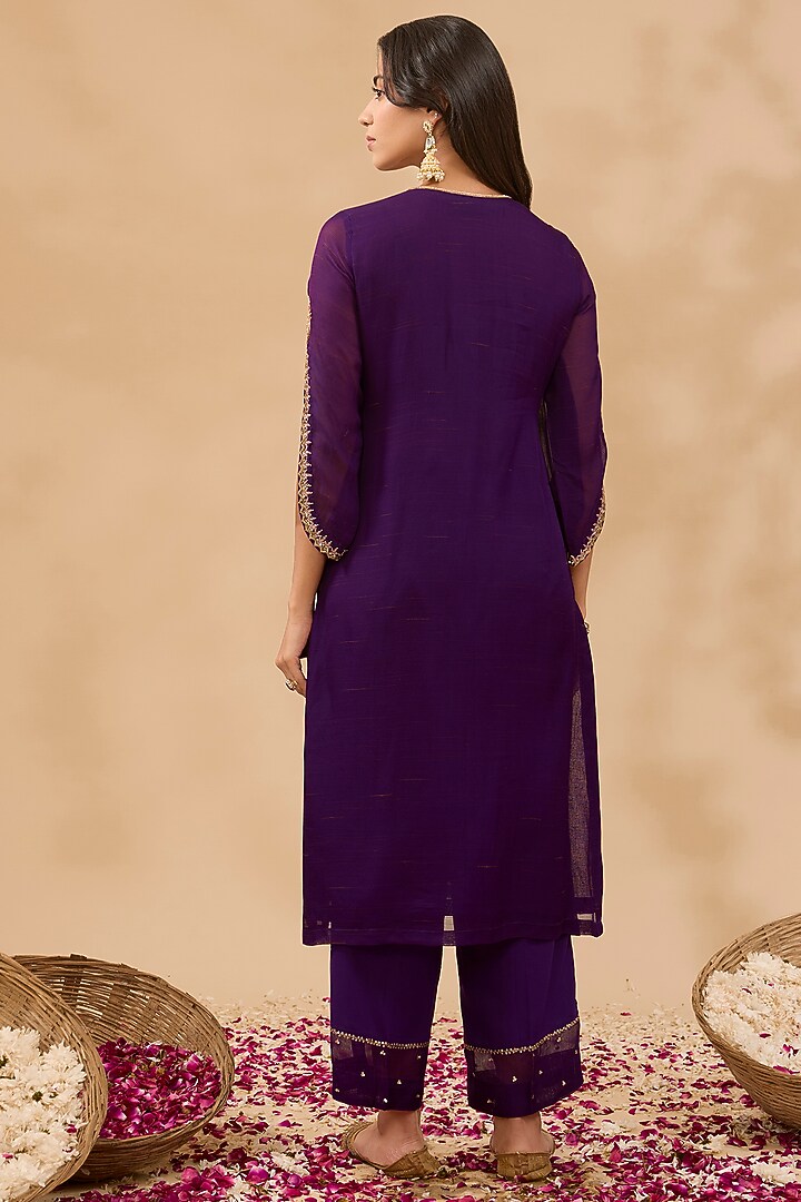 Plum Wine Chanderi Hand Embroidered Kurta Set by MAKAAN.51 at Pernia's Pop Up Shop