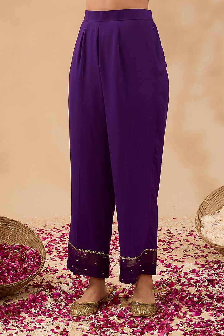Plum Wine Chanderi Hand Embroidered Kurta Set by MAKAAN.51 at Pernia's Pop Up Shop