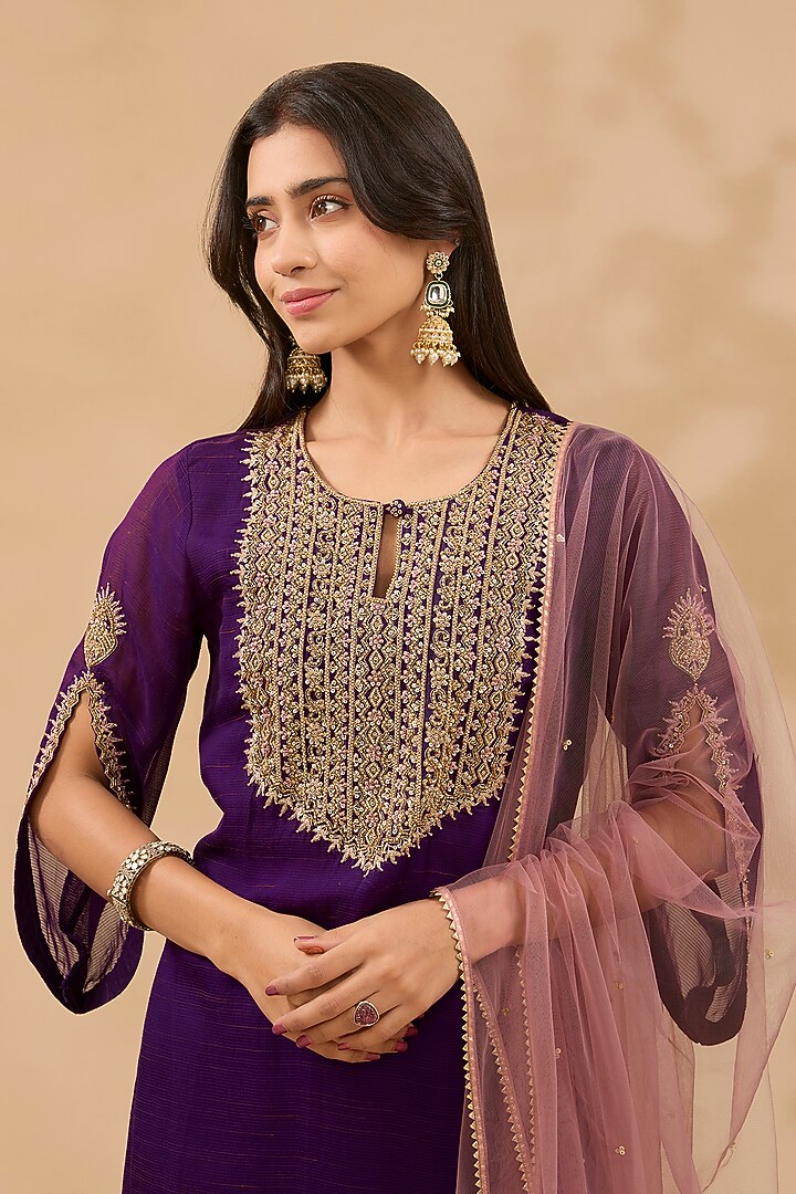 Plum Wine Chanderi Hand Embroidered Kurta Set by MAKAAN.51 at Pernia's Pop Up Shop