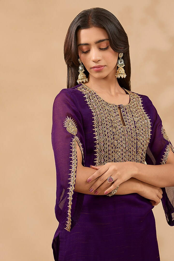 Plum Wine Chanderi Hand Embroidered Kurta Set by MAKAAN.51 at Pernia's Pop Up Shop