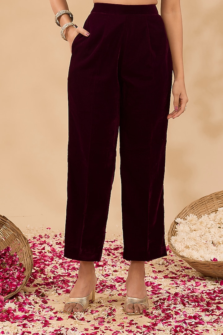 Deep Maroon Velvet Zardosi Hand Embroidered Kurta Set by MAKAAN.51 at Pernia's Pop Up Shop