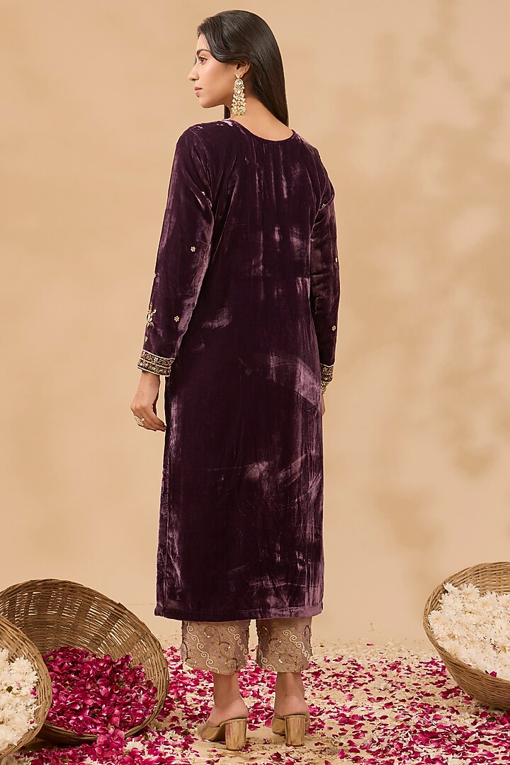 Purple Silk Velvet Zardosi Hand Embroidered Kurta Set by MAKAAN.51 at Pernia's Pop Up Shop