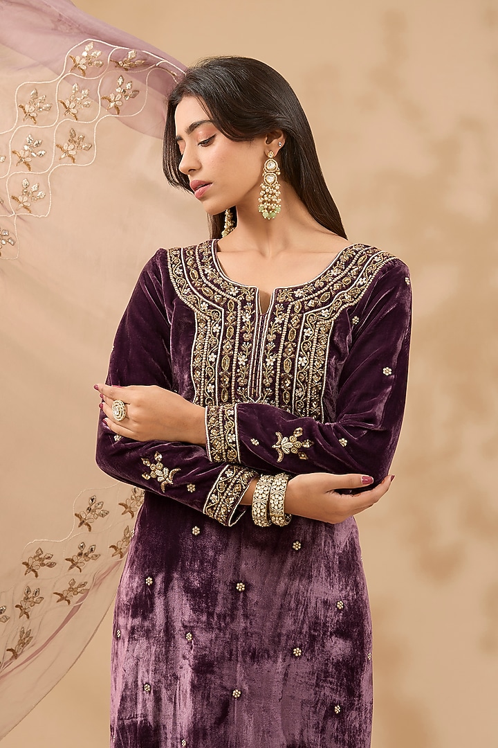 Purple Silk Velvet Zardosi Hand Embroidered Kurta Set by MAKAAN.51 at Pernia's Pop Up Shop