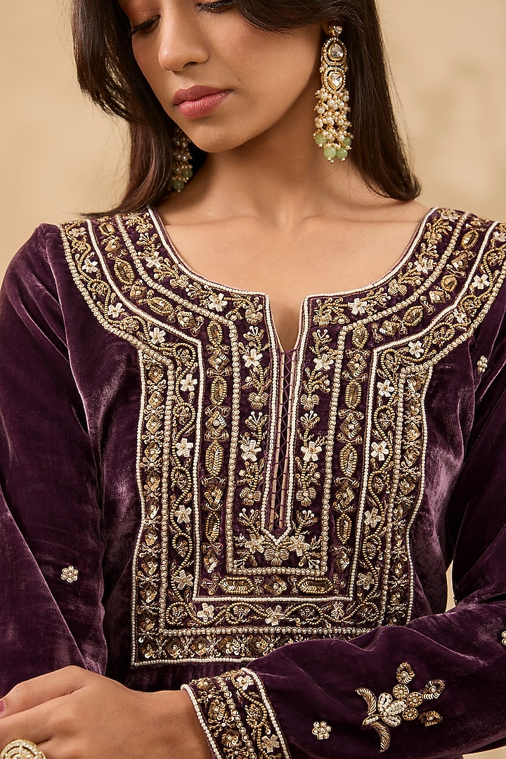 Purple Silk Velvet Zardosi Hand Embroidered Kurta Set by MAKAAN.51 at Pernia's Pop Up Shop