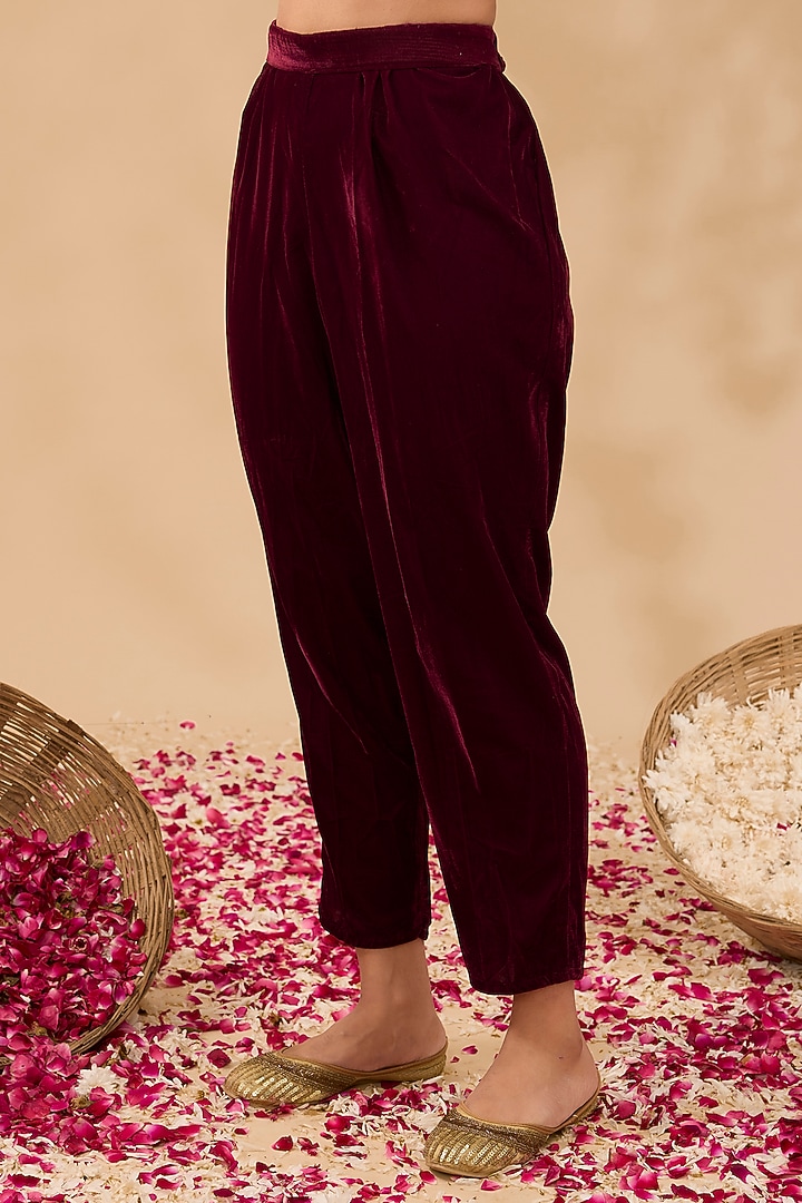 Maroon Velvet Zardosi Hand Embroidered A-Line Kurta Set by MAKAAN.51 at Pernia's Pop Up Shop