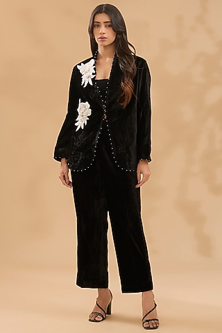 Black Velvet Floral Boota Hand Embroidered Blazer Set by MAKAAN.51