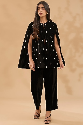 Black Velvet Pearl Hand Embroidered Cape Set by MAKAAN.51