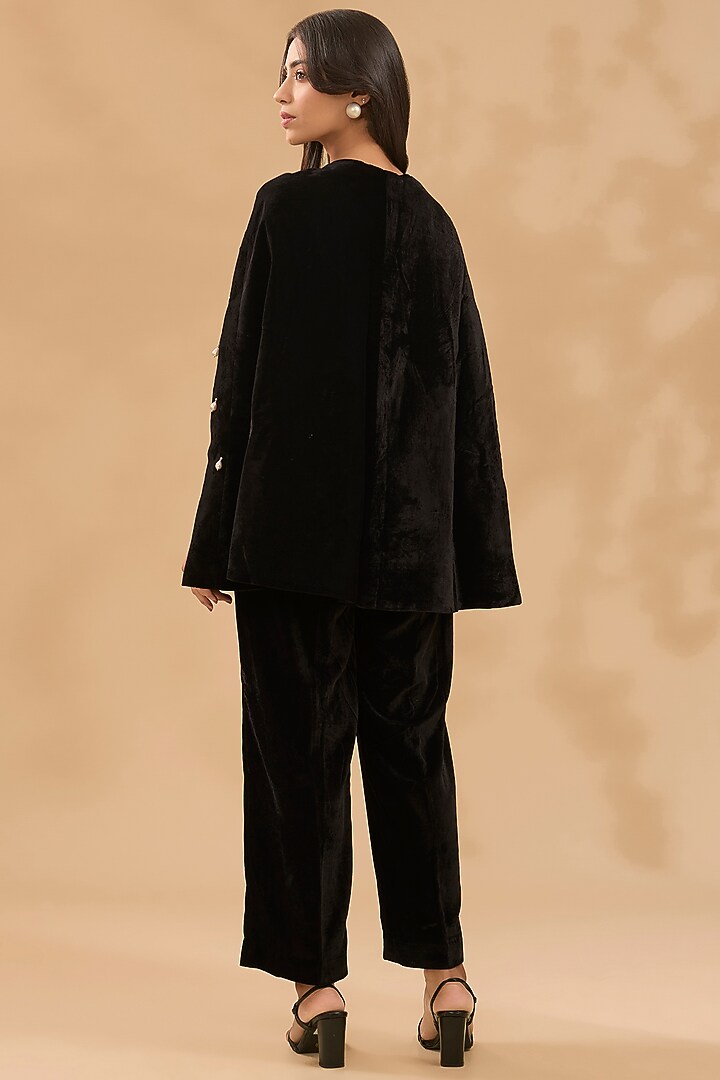 Black Velvet Pearl Hand Embroidered Cape Set by MAKAAN.51 at Pernia's Pop Up Shop