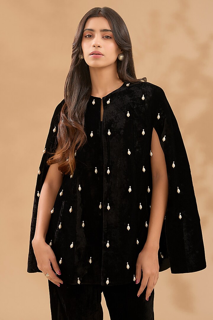 Black Velvet Pearl Hand Embroidered Cape Set by MAKAAN.51 at Pernia's Pop Up Shop
