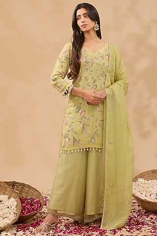 Green Organza Palazzo Pant Set by MAKAAN.51