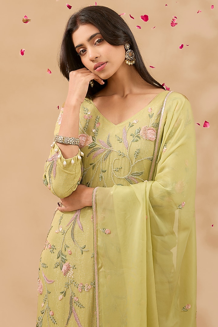 Green Organza Palazzo Pant Set by MAKAAN.51 at Pernia's Pop Up Shop