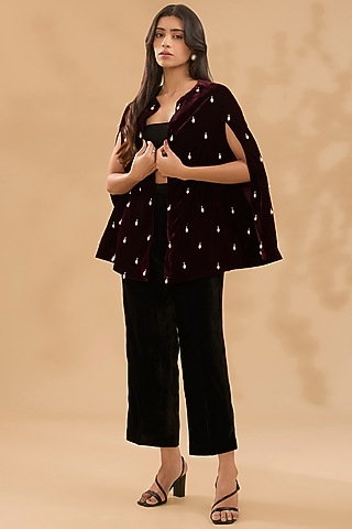 Maroon Velvet Pearl Hand Embroidered Cape Set by MAKAAN.51