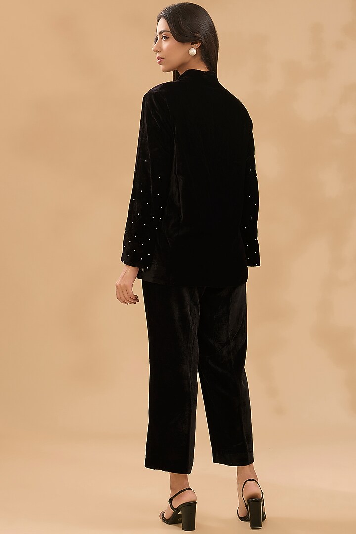 Black Velvet Pearl Hand Embroidered Blazer Set by MAKAAN.51 at Pernia's Pop Up Shop