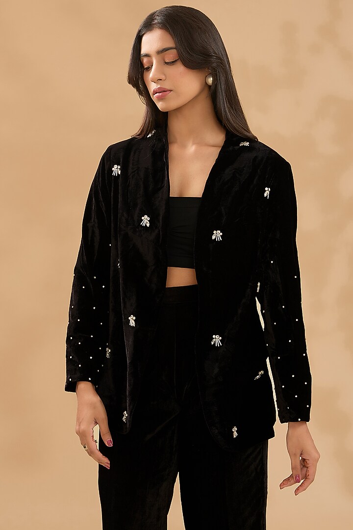 Black Velvet Pearl Hand Embroidered Blazer Set by MAKAAN.51 at Pernia's Pop Up Shop