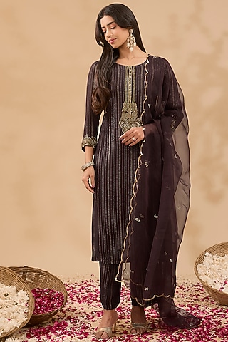 Purple Lurex Georgette Zardosi Hand Embroidered Kurta Set by MAKAAN.51