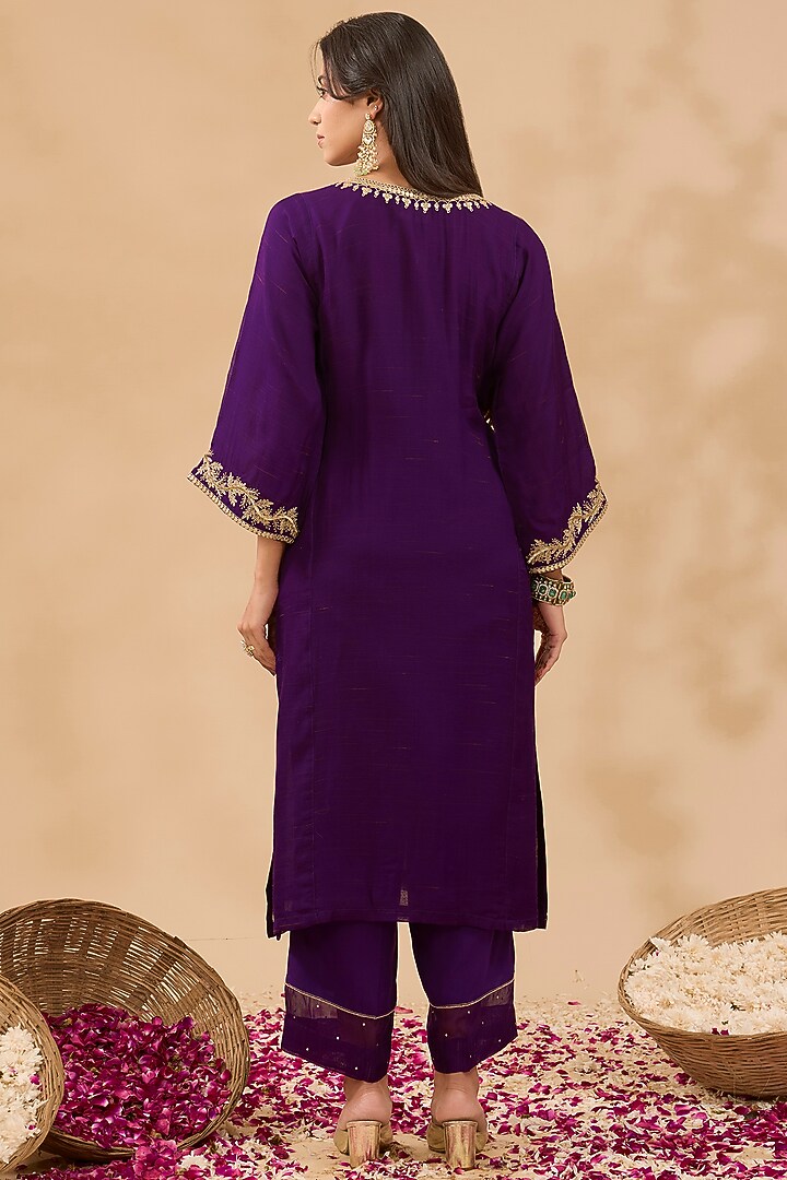 Plum Wine Chanderi Hand Embroidered Kurta Set by MAKAAN.51 at Pernia's Pop Up Shop