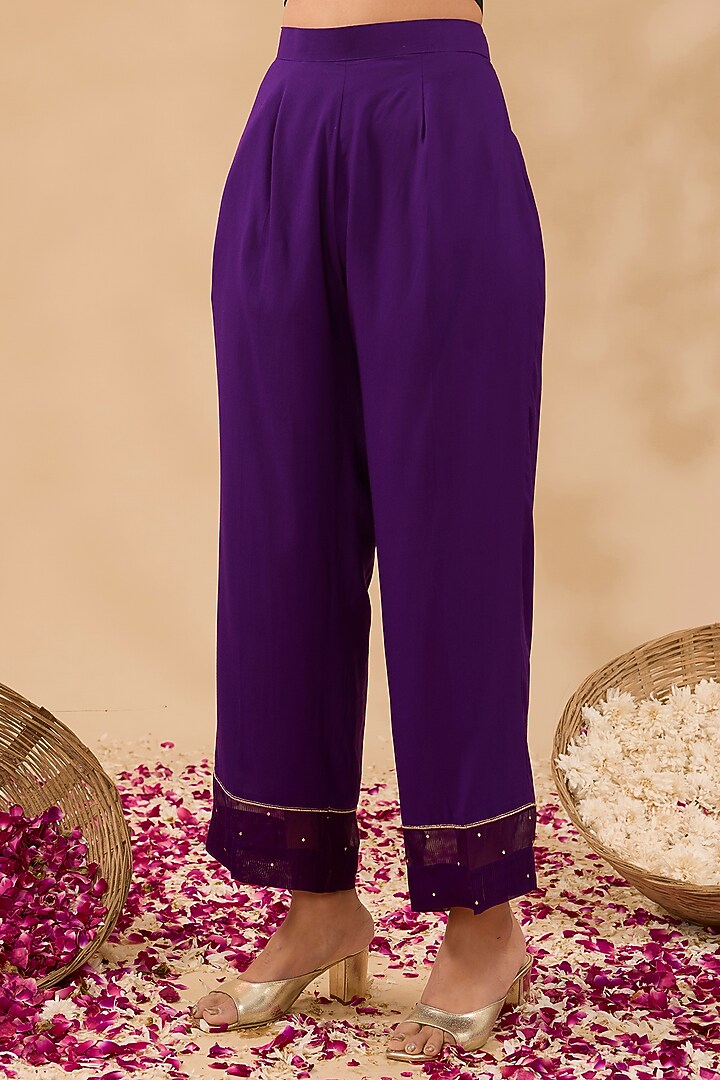 Plum Wine Chanderi Hand Embroidered Kurta Set by MAKAAN.51 at Pernia's Pop Up Shop