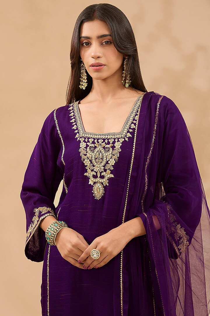 Plum Wine Chanderi Hand Embroidered Kurta Set by MAKAAN.51 at Pernia's Pop Up Shop