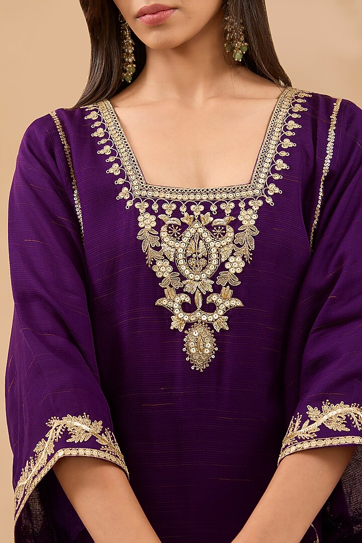 Plum Wine Chanderi Hand Embroidered Kurta Set by MAKAAN.51 at Pernia's Pop Up Shop