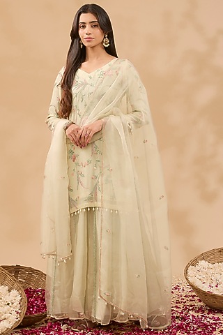 Ivory Organza Embroidered Kalidar Sharara Set by MAKAAN.51