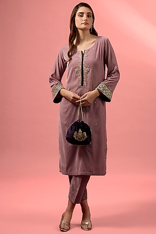 Lavender Velvet Hand-Embroidered Straight Kurta Set by MAKAAN.51