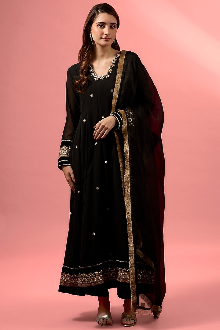 Black Georgette Hand Embroidered Anarkali Set by MAKAAN.51 at Pernia's Pop Up Shop