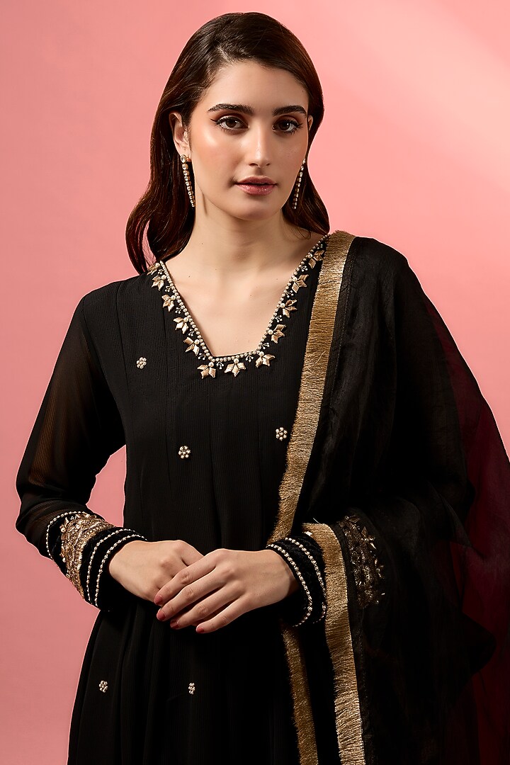 Black Georgette Hand Embroidered Party Wear Anarkali Set by MAKAAN.51 at Pernia's Pop Up Shop