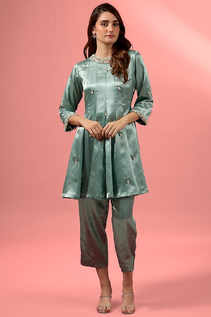 Teal Blue Satin Hand Embroidered Anarkali Set by MAKAAN.51 at Pernia's Pop Up Shop