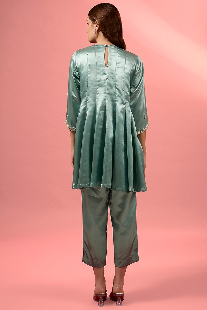 Teal Blue Satin Hand Embroidered Anarkali Set by MAKAAN.51 at Pernia's Pop Up Shop