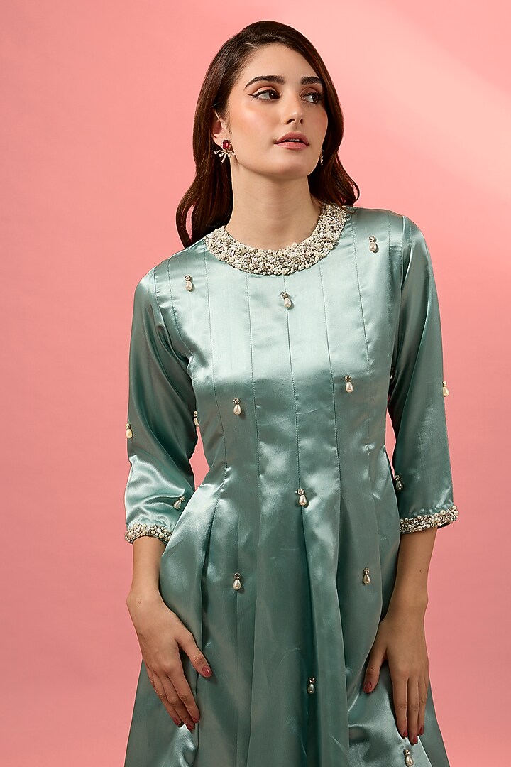 Teal Blue Satin Hand Embroidered Anarkali Set by MAKAAN.51 at Pernia's Pop Up Shop