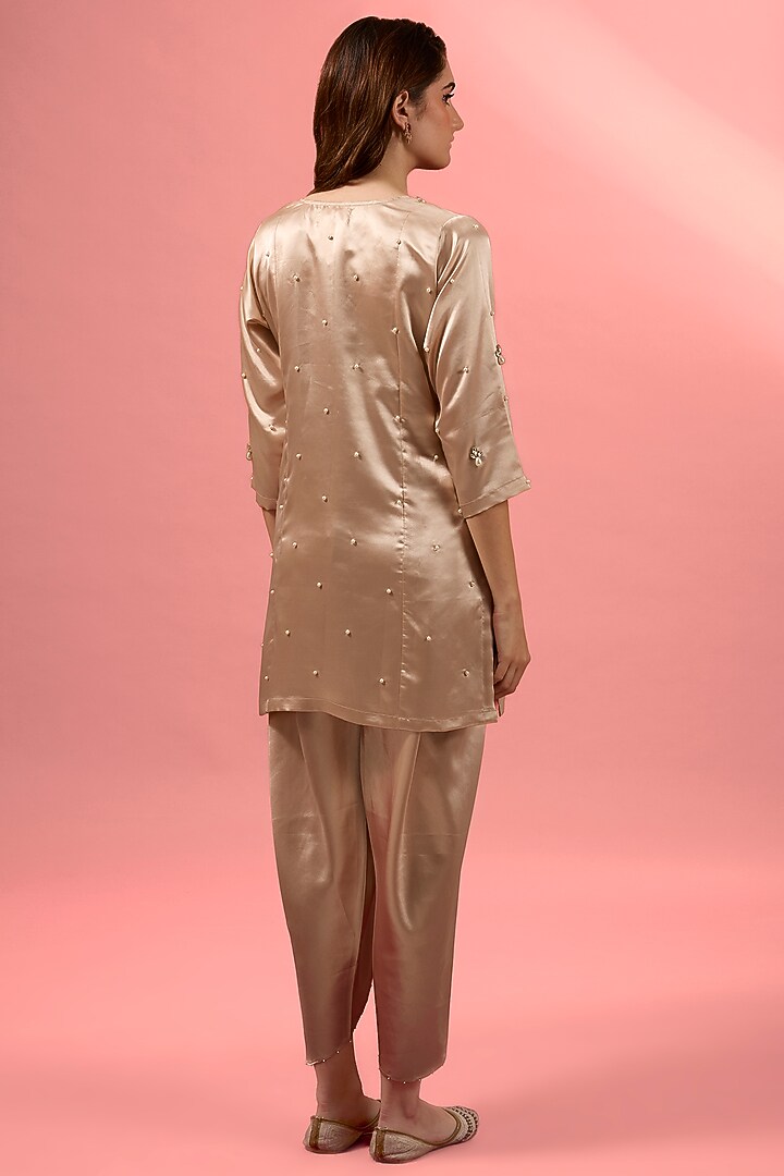 Rose Pink Satin Hand Embroidered Kurta Set by MAKAAN.51 at Pernia's Pop Up Shop