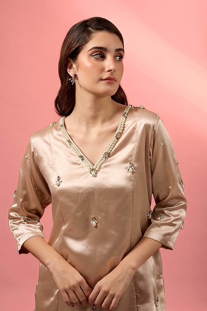 Rose Pink Satin Hand Embroidered Kurta Set by MAKAAN.51 at Pernia's Pop Up Shop