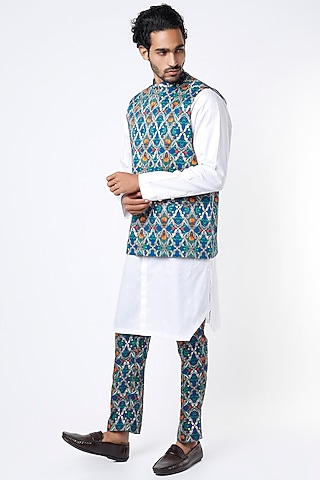 Blue Printed Bundi Jacket by Mr. Ajay Kumar