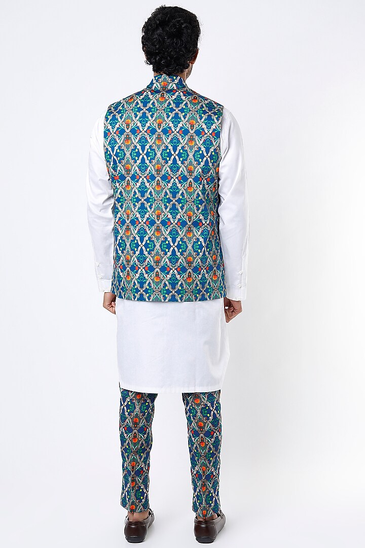 Blue Printed Bundi Jacket by Mr. Ajay Kumar at Pernia's Pop Up Shop